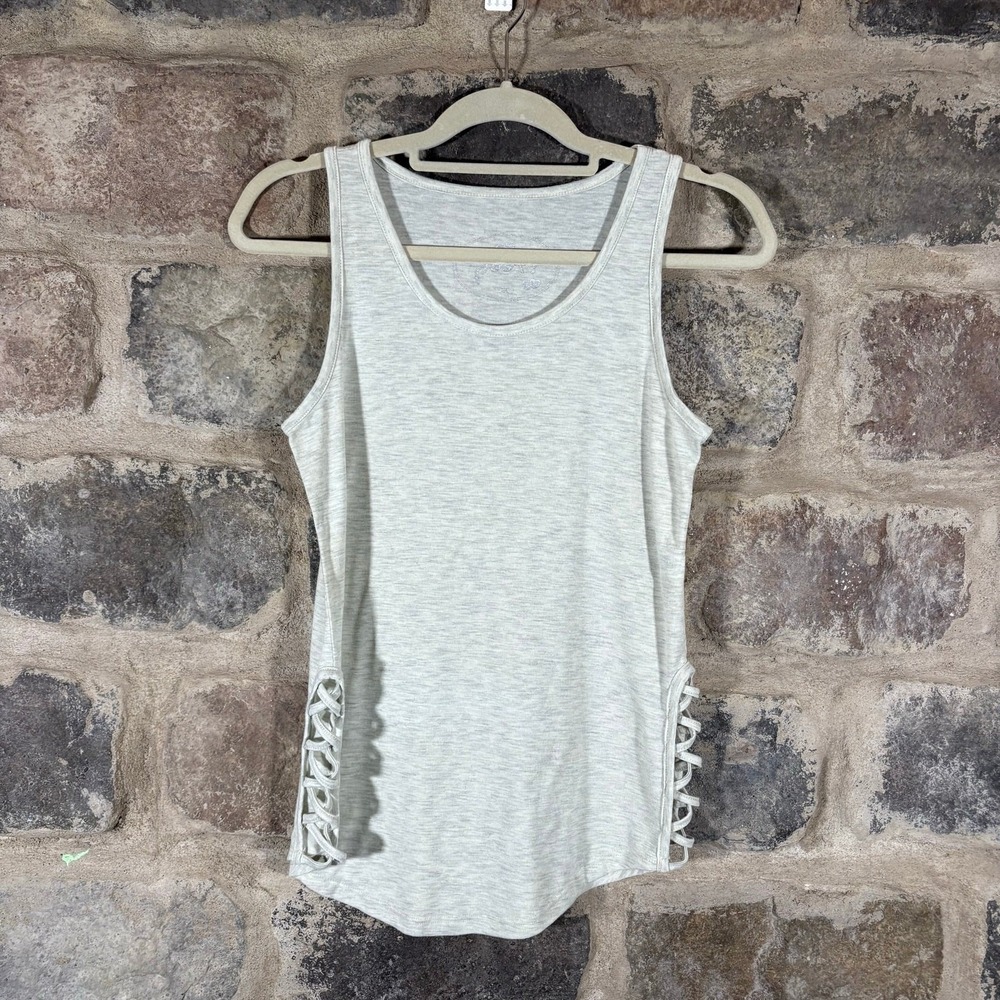 Poof! Women's Heather Gray Lattice Up Side Detail Tank Top Medium Athleisure